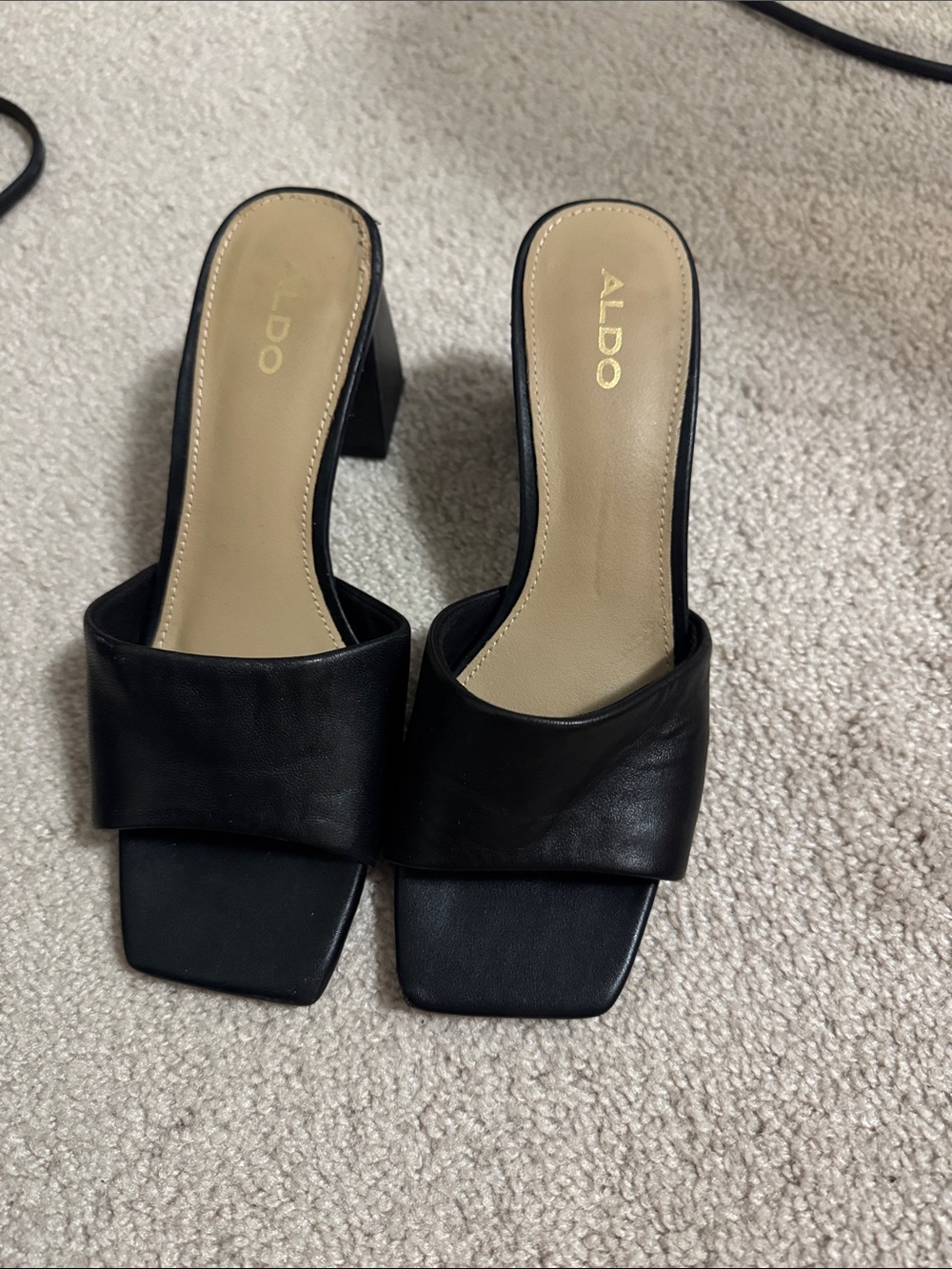 Aldo Black Square Toe Block Heel Slide Mules